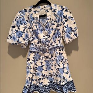 Floral Blue and White Dress with Belt